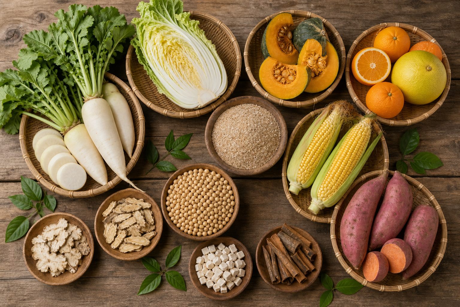 六大类生态饲粮原料示意：应季蔬菜、新鲜水果、五谷杂粮与本草植材