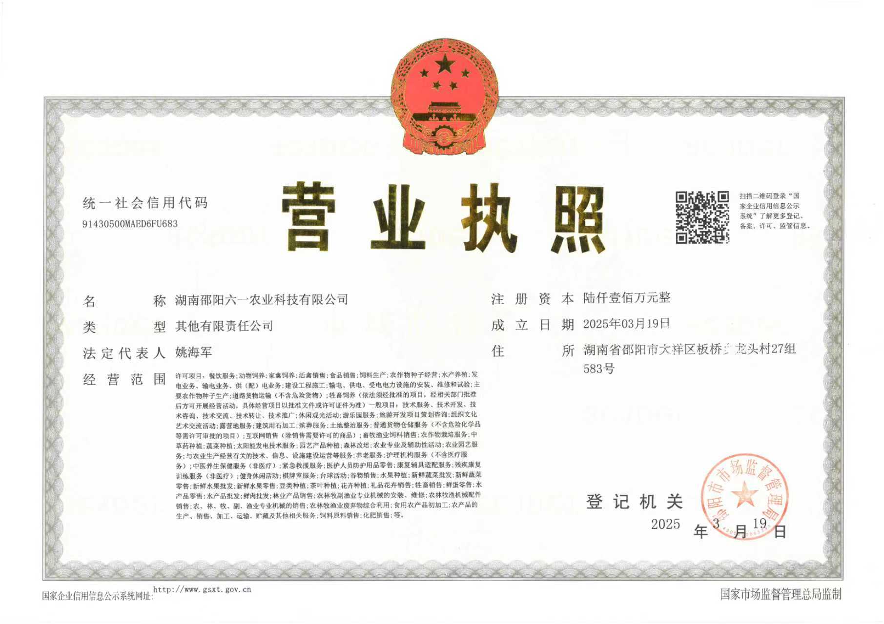 湖南邵阳六一农业科技有限公司营业执照