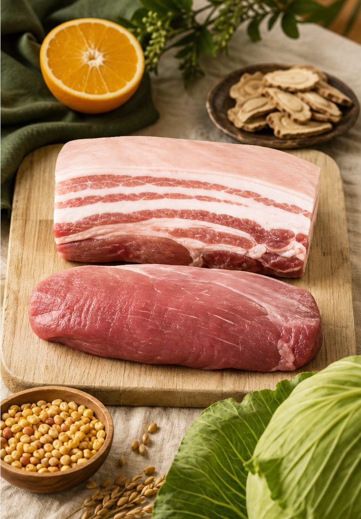 6·1臻肉新鲜猪肉示意：五花与里脊，配以果蔬五谷与本草原料